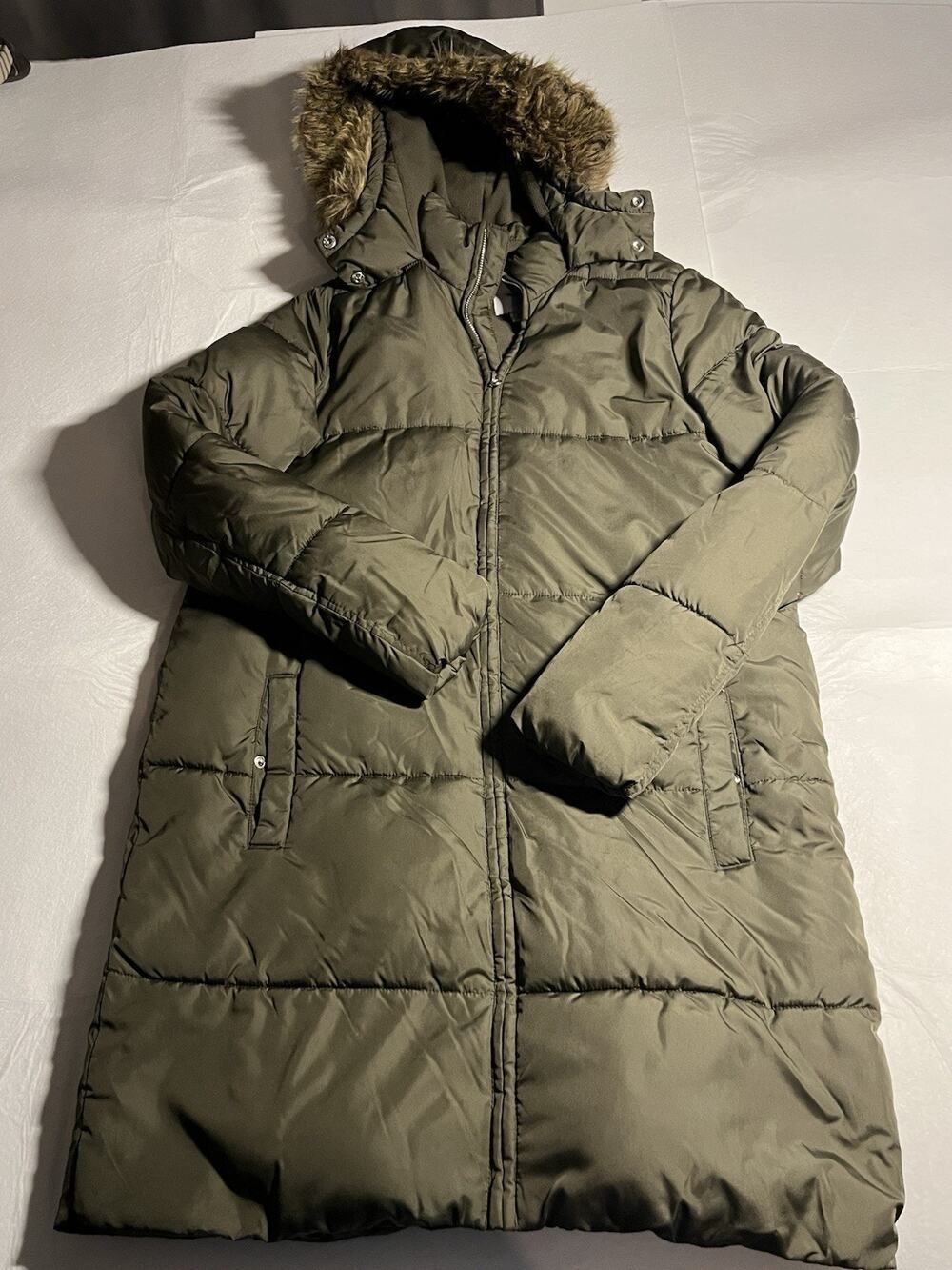 Old Navy Women’s Medium Tall Olive Green Long Puffer Coat Faux Fur Hood Winter
